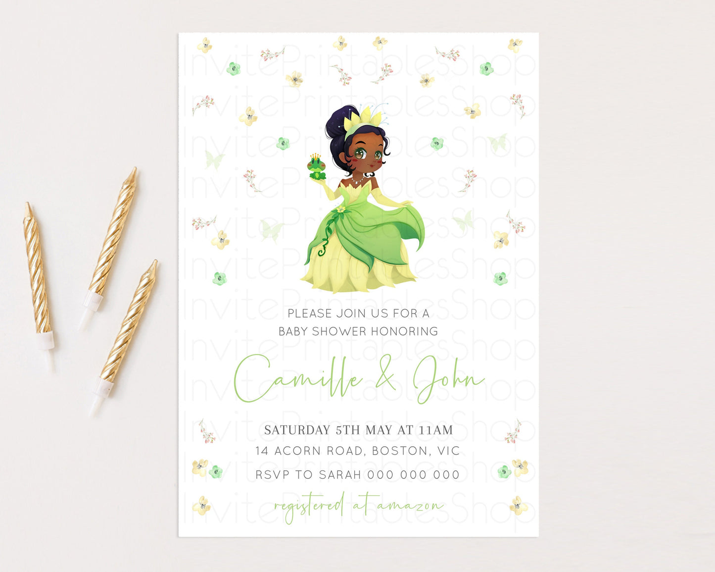 Princess Tiana Baby Shower Castle Invitation Tiana Invite Confetti Florals Secret Garden Enchanted Castle Magical Butterflies Flutters 425