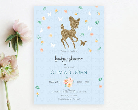 Editable Fawn Baby Shower Invitation: Enchanted Forest, Glitter, Deer, Butte