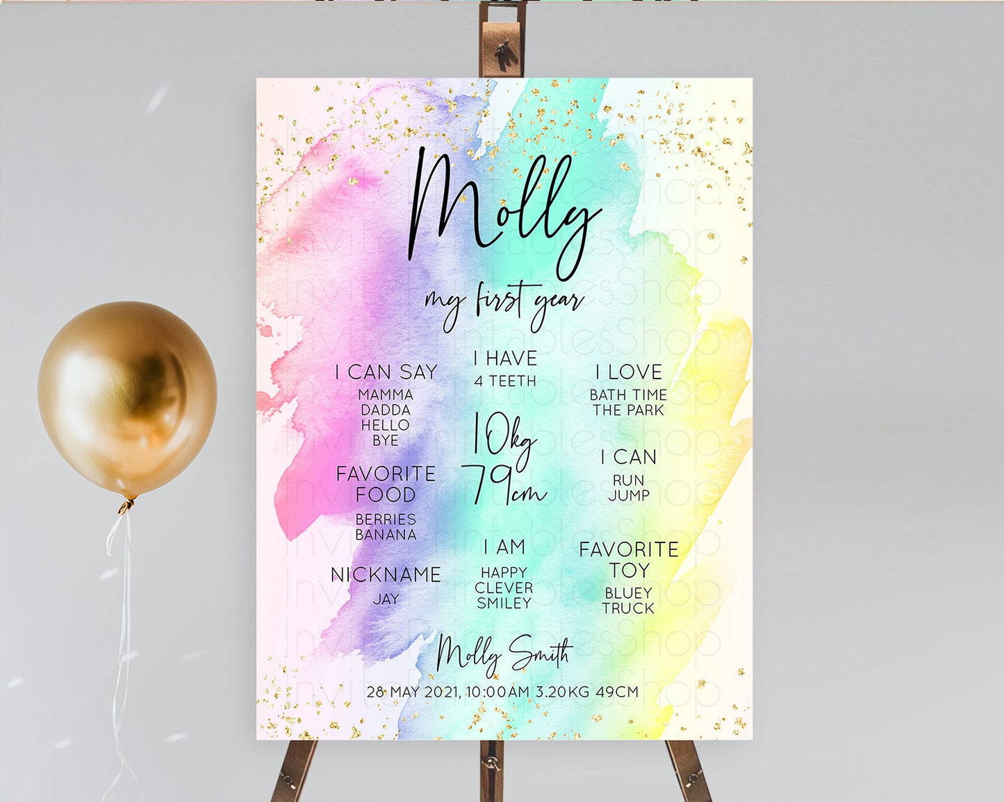 Pastel First Birthday Milestone Board Pastel Rainbow Milestone Poster Colorful Confetti Watercolor Glitter 1st Birthday Welcome Sign D10231