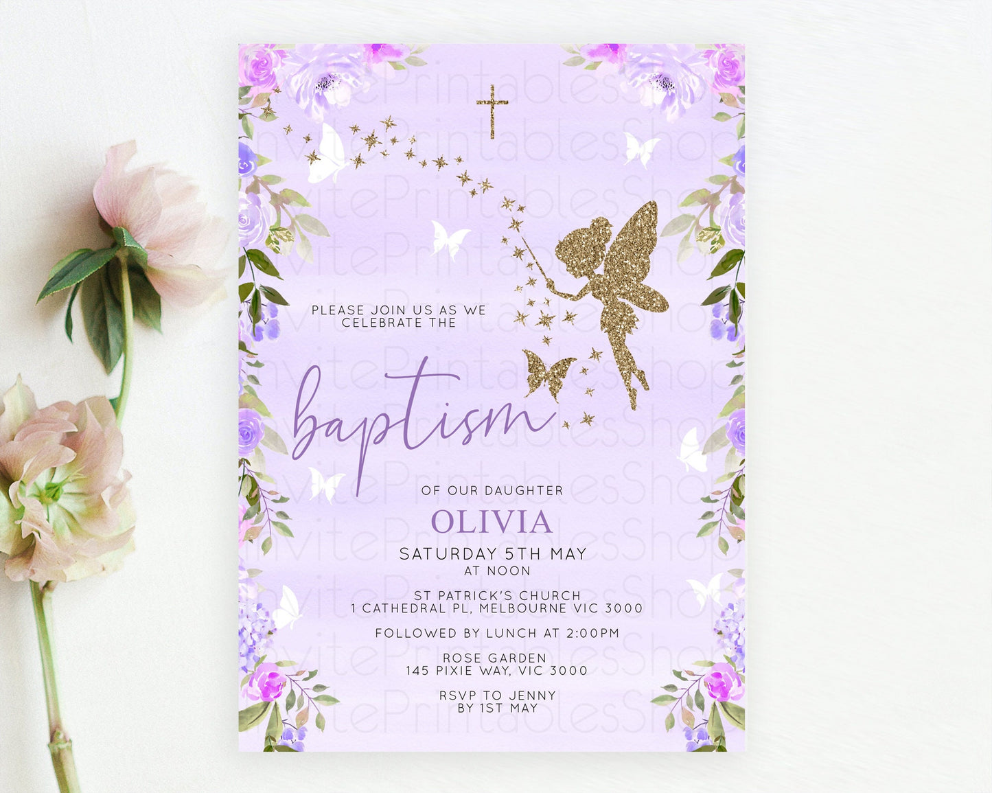 Fairy Baptism Invitation Fairy Baptism 1st Birthday Invitation Enchanted Secret Garden Christening Invite Pastel Floral Butterfly D10910