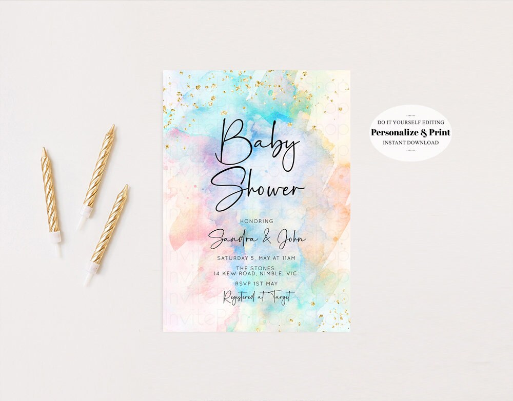 Rainbow Baby Shower Invitation Pastel Watercolor Invitation Colorful Splash Invite Gold Sprinkle Invite Gold Glitter Invite Confetti 276v3