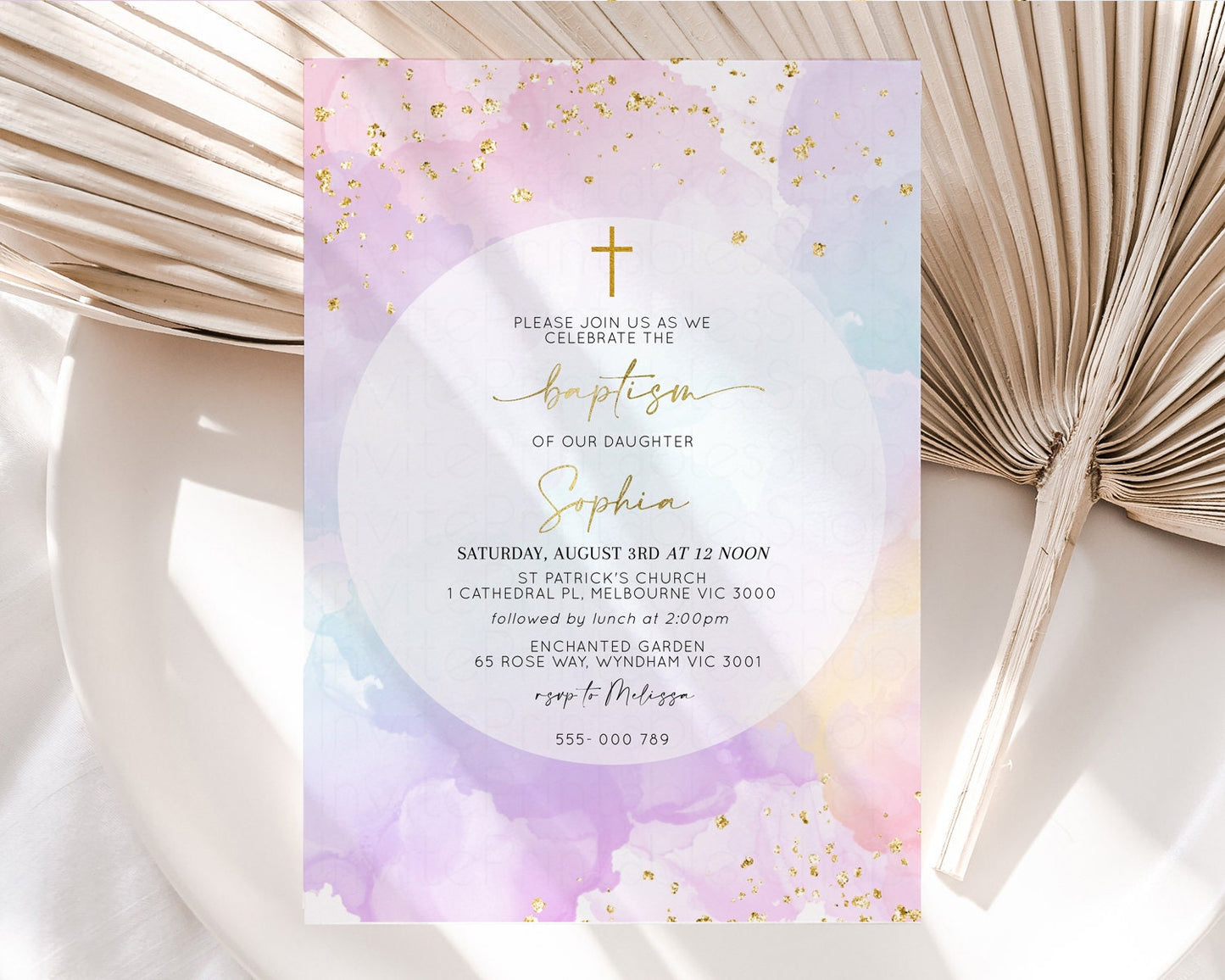 Rainbow Baptism Invitation Pastel Christening Invitation Holy Communion Invitation Glitter Watercolor Splash Invitation Colorful 599v1