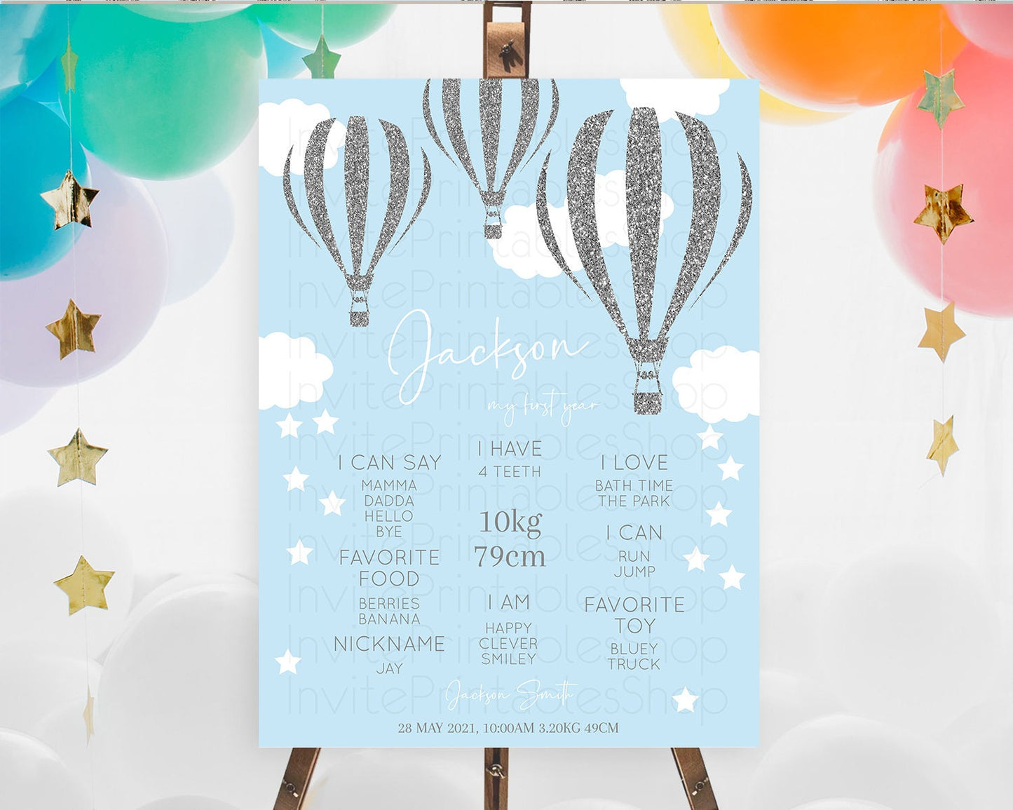 Hot Air Balloon First Birthday Milestone Poster Hot Air Balloon Milestone Board Adventure Awaits Blue Watercolor 1st Birthday Boy D10335