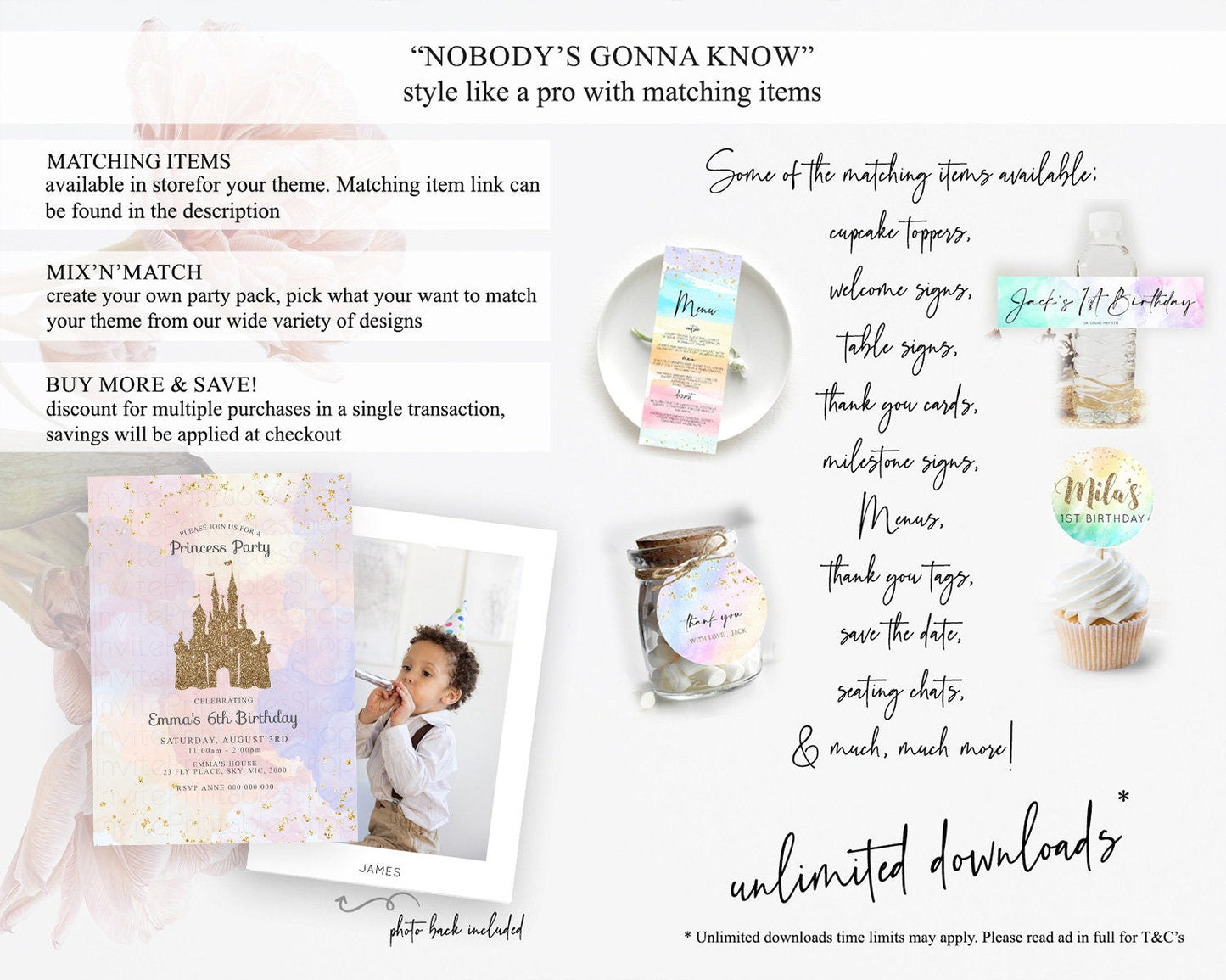 Princess Birthday Invitation Princess Invitation Pastel Invitation Royal Birthday Rainbow Color Enchanted Castle 1st First Birthday D10161