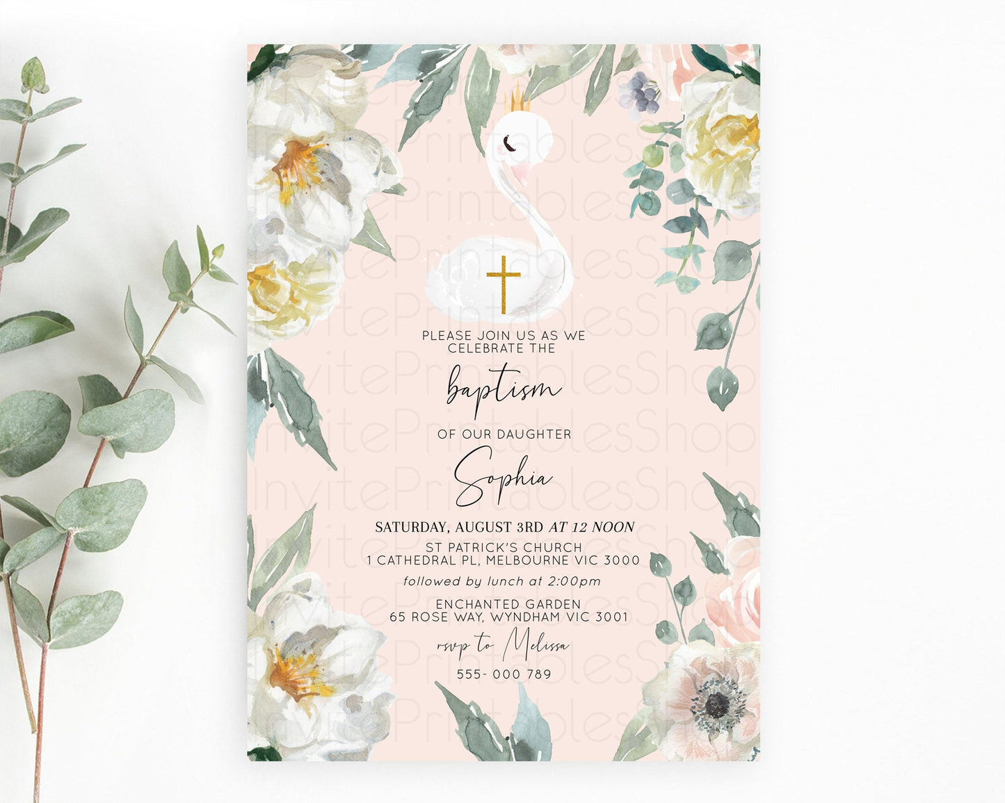 Swan Lake Baptism Invitation Swan Princess Ballet Baptism 1st Birthday Enchanted Forest Secret Garden Watercolour Pastel Floral D10755