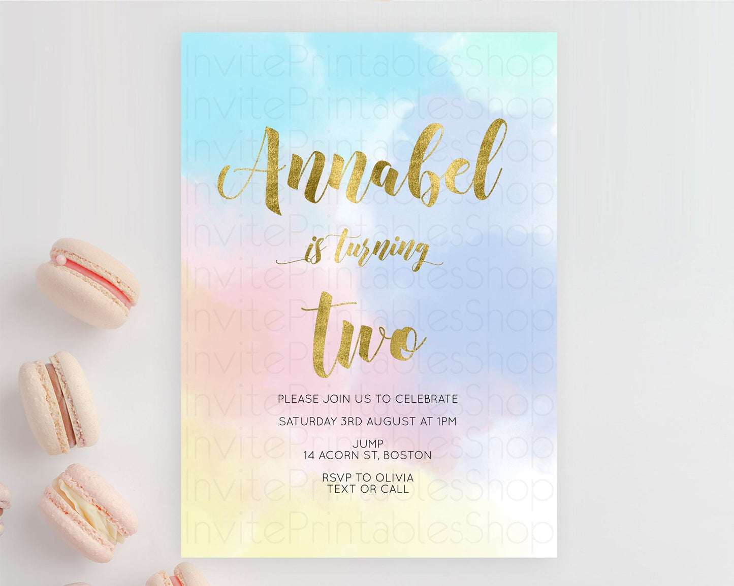 Rainbow Birthday Invitation Colorful Pastel Watercolor Invitation Gold Glitter Sprinkles Ombre Pastel 1st 2nd 3rd Birthday D10892