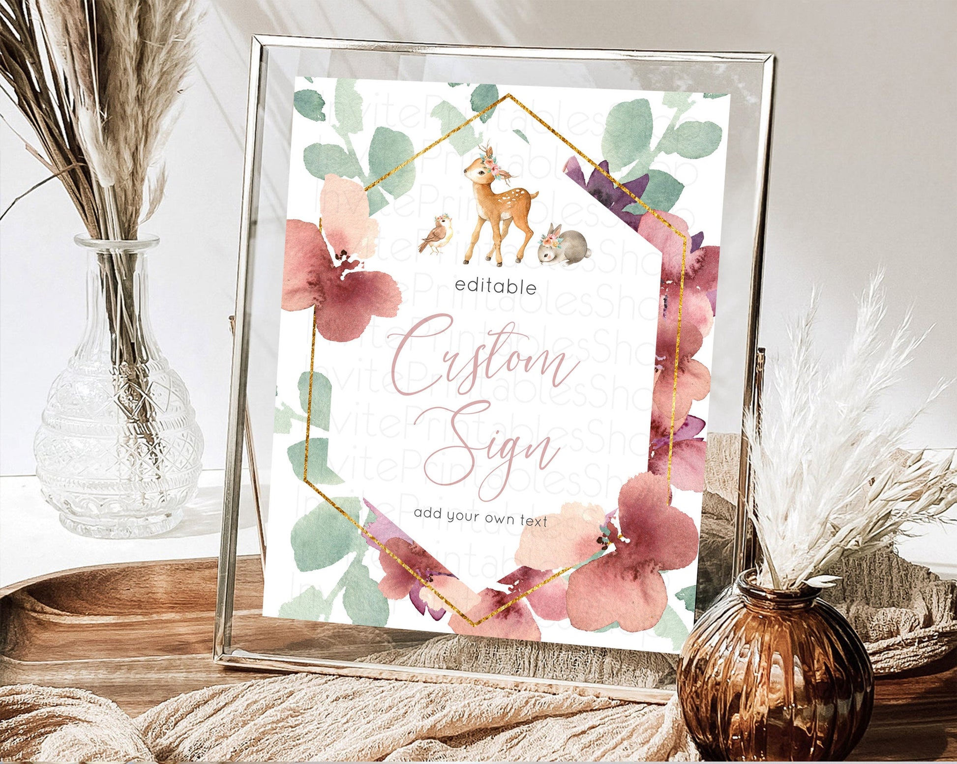 Editable Fawn Deer Sign Pastel Floral Deer Table Sign Decor Enchanted Forest