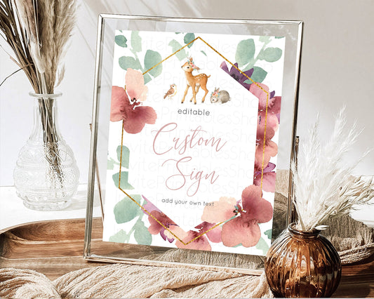 Editable Fawn Deer Sign Pastel Floral Deer Table Sign Decor Enchanted Forest