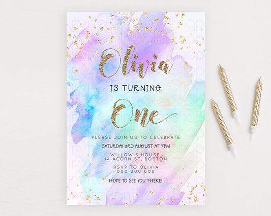 Rainbow Birthday Invitation Colorful Pastel Watercolor Invitation Gold Glitter Sprinkles Ombre Pastel 1st 2nd 3rd Birthday D23291