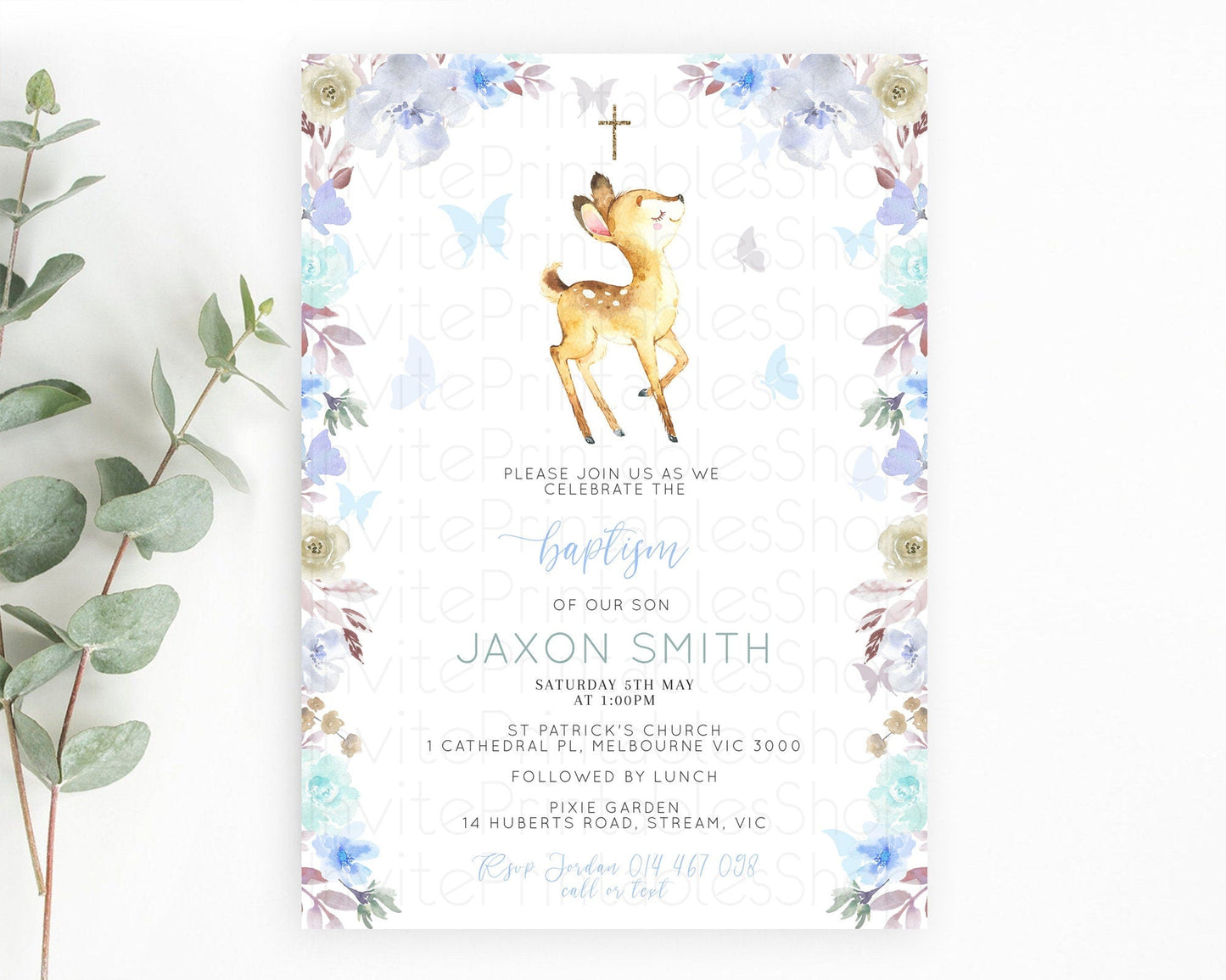 Fawn Baptism Invitation Deer Baptism 1st Birthday Invitation Enchanted Forest Christening Invitation Pastel Garden Butterfly Floral D10960
