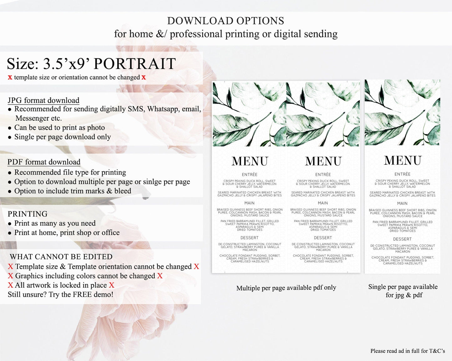 Tropical Menu Template Tropical Menu Palm Leaf Fern Table Decor Frangipani Floral White Orchid Dinner Dessert Menu Party Food Menu D11063