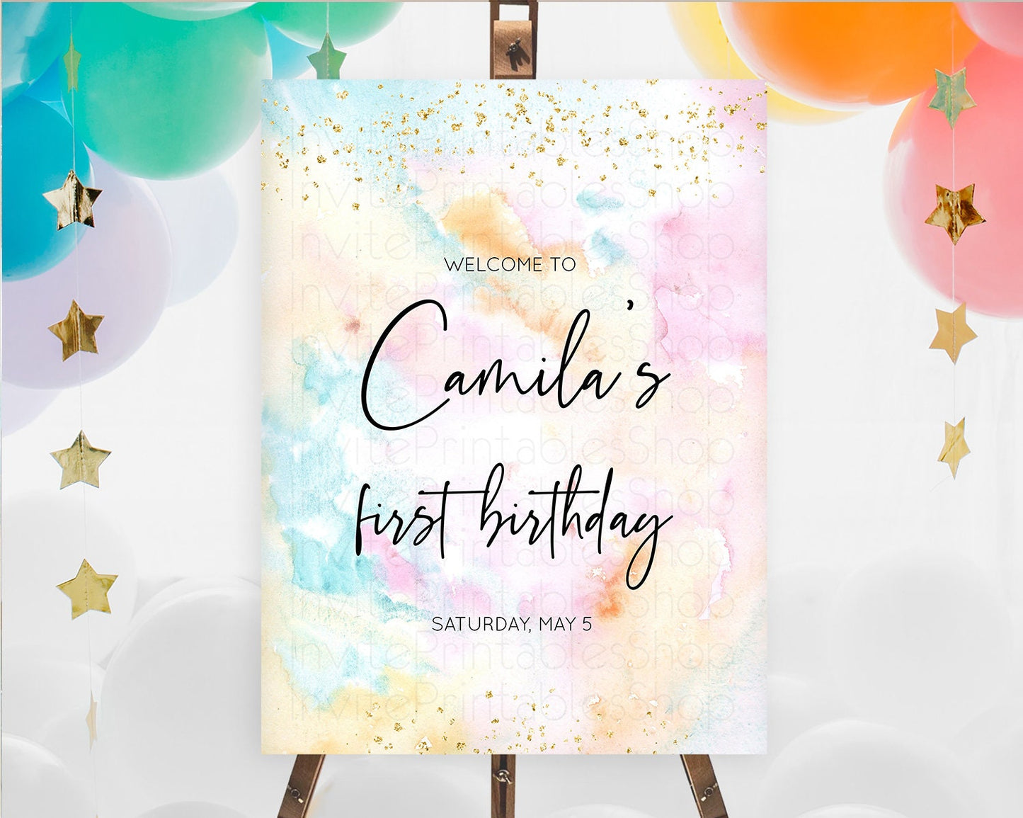 Pastel Welcome Sign Pastel Rainbow Welcome Sign Colorful Rainbow Confetti Watercolor Glitter Pastel First Birthday Welcome Sign D10548