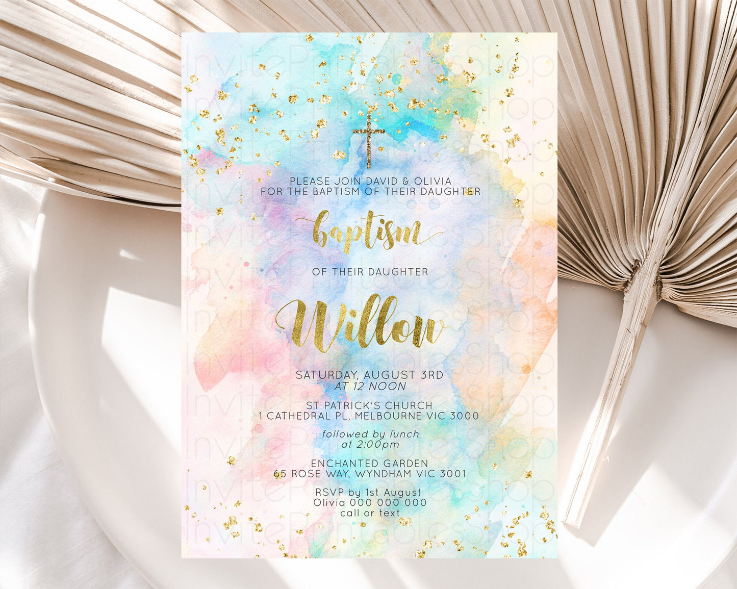 Pastel Baptism Invitation Pastel Colors Watercolor Baptism 1st Birthday Party Gold Ombre Pastel Rainbow Christening Holy Communion D10272