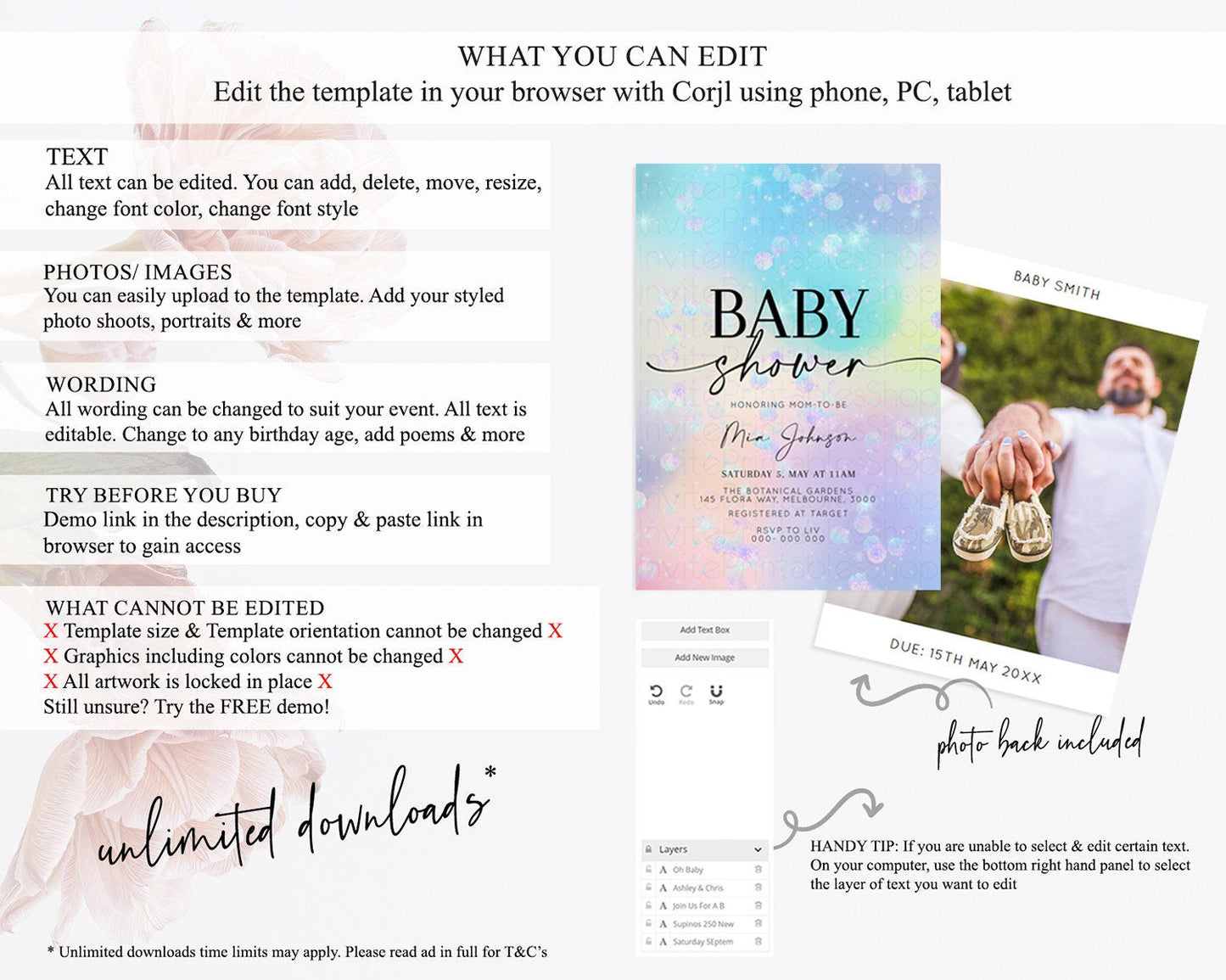 Pastel Rainbow Baby Shower Invitation, Pastel Watercolor with Iridescent Confetti Sprinkles - Colorful Invite Blue, Purple, Yellow D10665