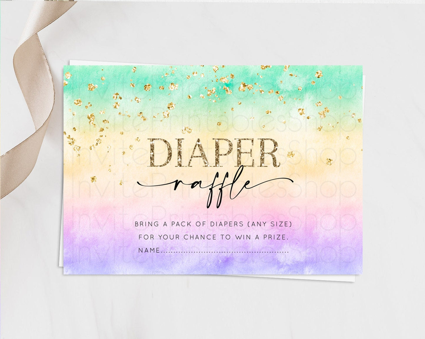 Pastel Diaper Raffle Card Pastel Rainbow Diaper Raffle Insert Colorful Ombre Watercolor Diaper Ticket Confetti Glitter Raffle Game D10481