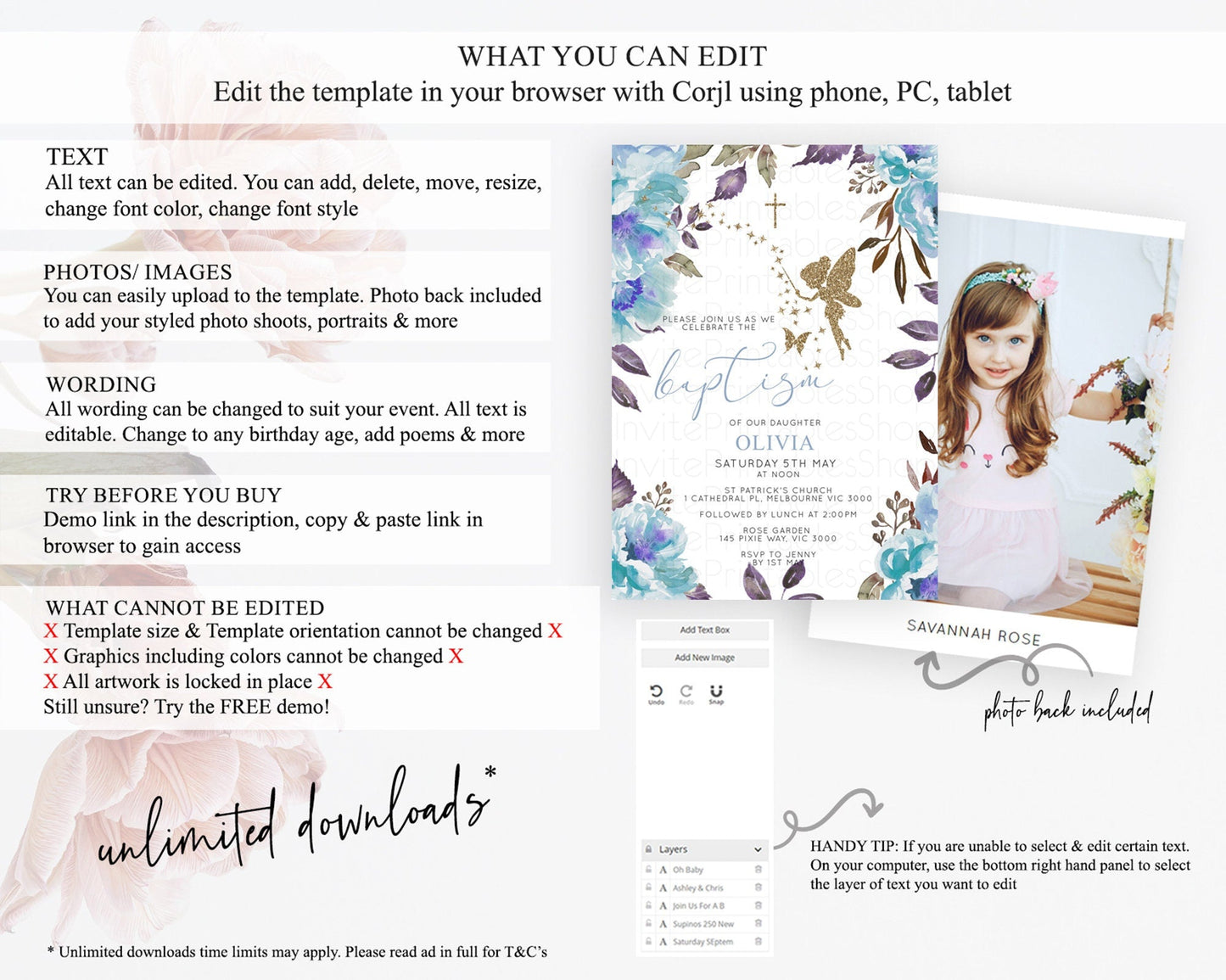 Fairy Baptism Invitation Fairy Baptism 1st Birthday Invitation Enchanted Secret Garden Christening Invite Pastel Floral Butterfly D10728