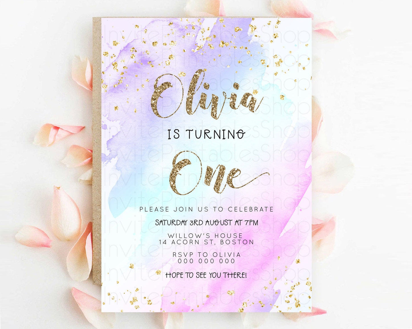 Rainbow Birthday Invitation Colorful Pastel Watercolor Invitation Gold Glitter Sprinkles Ombre Pastel 1st 2nd 3rd Birthday D23283