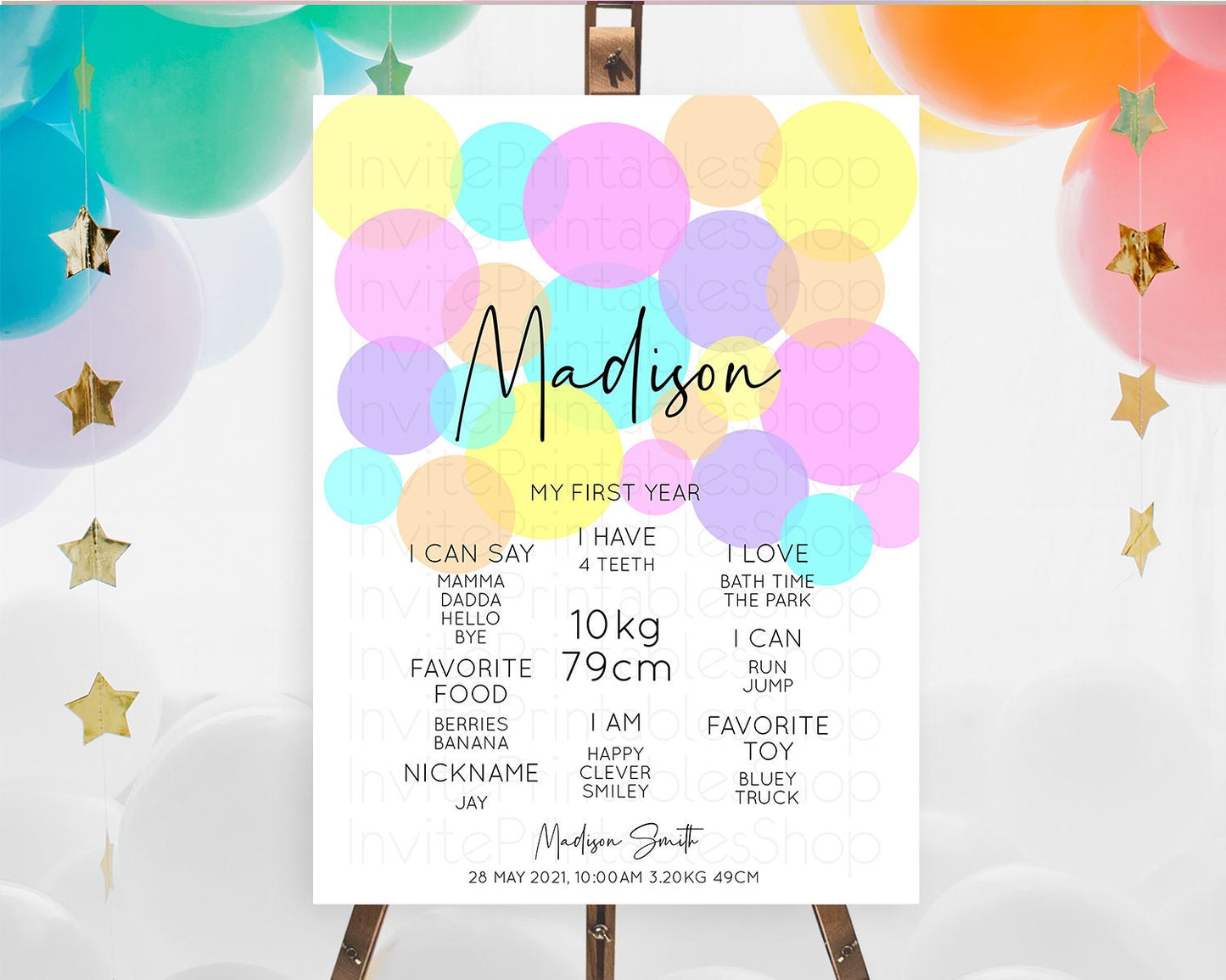 Pastel First Birthday Milestone Poster Pastel Rainbow Confetti First Birthday Milestone Board Colorful Bubbles Birthday Welcome Sign D10406