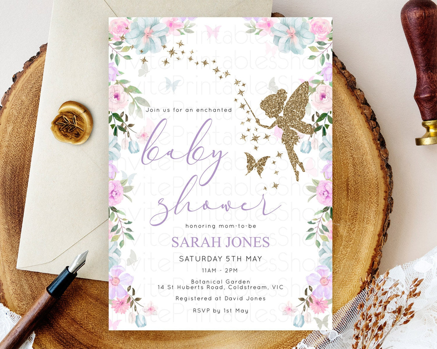 Fairy Baby Shower Invitation Pastel Fairy Invites Fairy Tea Party Fairy Garden Theme Secret Garden Enchanted Garden Floral Butterfly D10475
