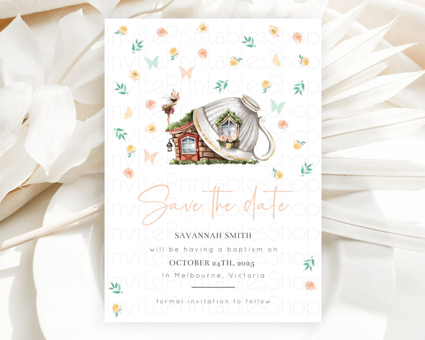 Fairy Save The Date Template Enchanted Garden Pastel Floral Butterfly Party Secret Garden Birthday Baptism Baby Shower Bridal Shower D10383