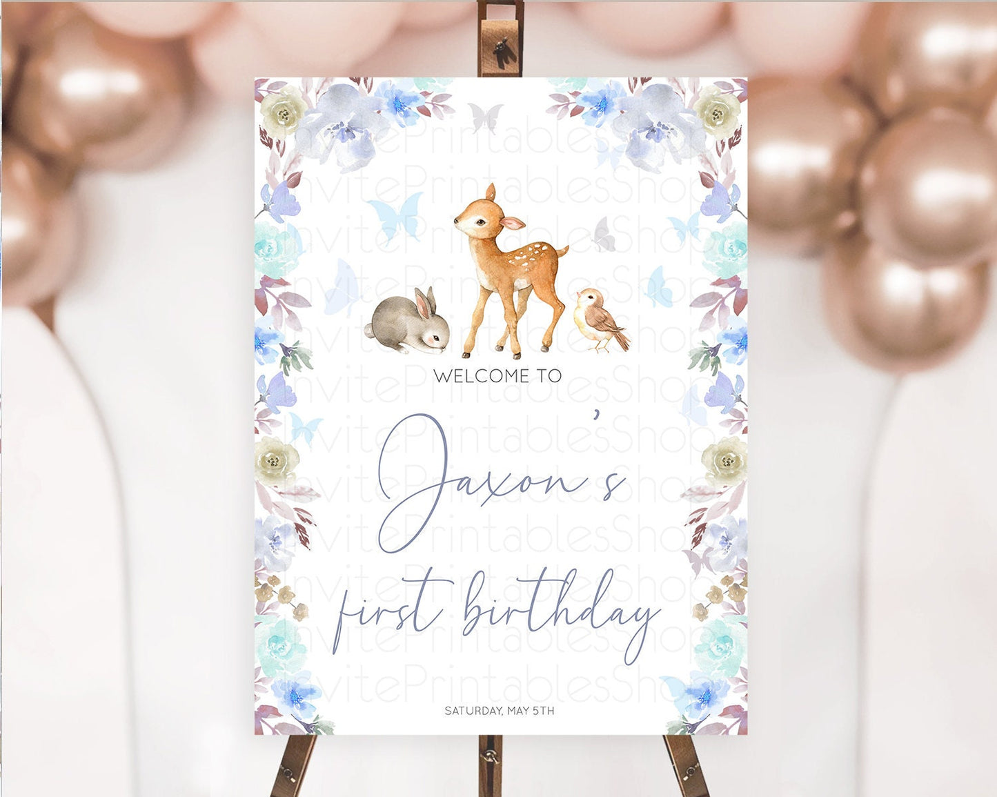 Fawn Welcome Sign Deer Welcome Board Floral Deer Welcome Poster Enchanted Forest Butterfly Pastel Floral First Birthday Welcome Sign D10929