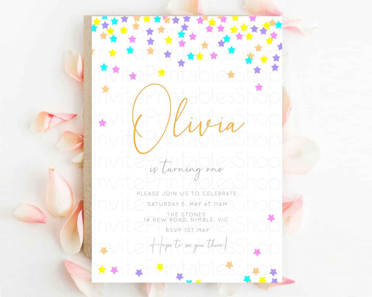 Star Birthday Invitation Pastel Stars Invite Shooting Star Party Rainbow Colorful Confetti Twinkle Little Star 2nd First Birthday D10397