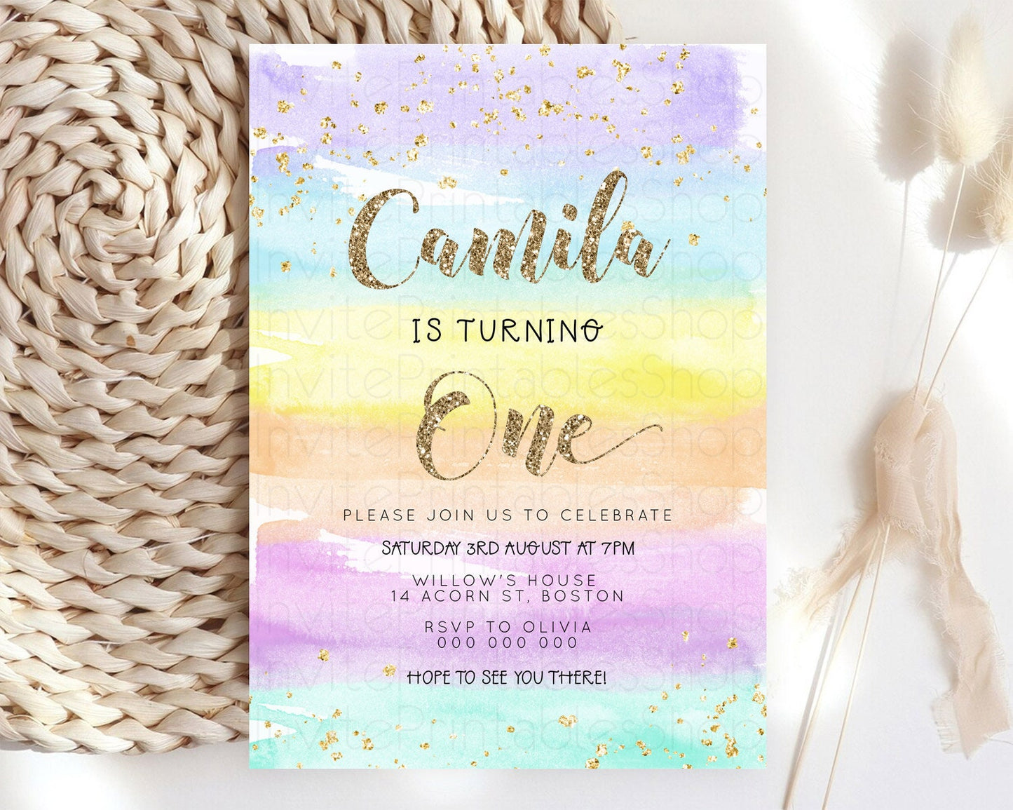 Rainbow Birthday Invitation Colorful Pastel Watercolor Invitation Gold Glitter Sprinkles Ombre Pastel 1st 2nd 3rd Birthday D23268