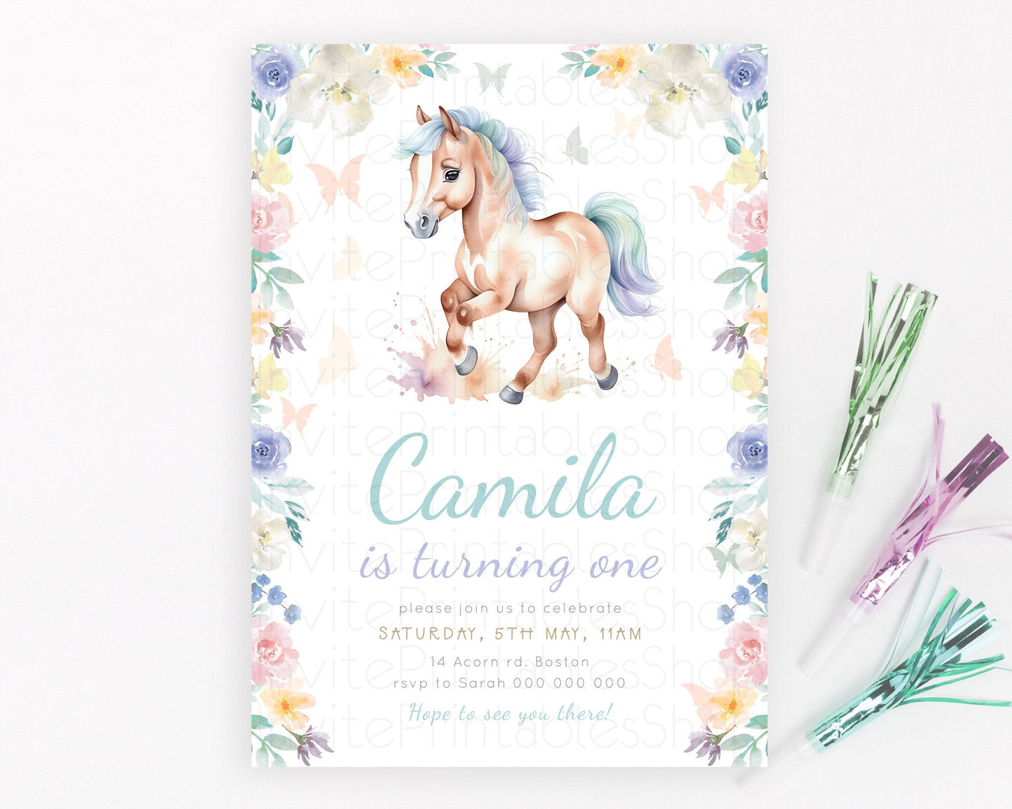 Horse Birthday Invitation, Galloping Wildflower Fields, Pastel Flowers, Butterflies, Flowers Accents for Equestrian & Cowgirls d23384