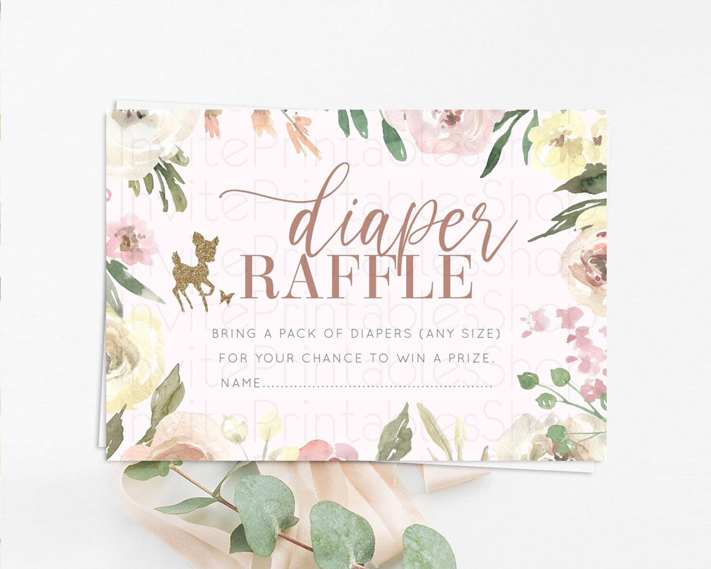 Fawn Diaper Raffle Card Deer Diaper Insert Floral Deer Diaper Ticket Enchanted Forest Butterfly Pastel Baby Shower Raffle Game D10193
