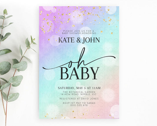 Pastel Baby Shower Invitation Rainbow Baby Shower Invitation Colorful Pastel Watercolor Invitation Gold Glitter Sprinkles Ombre D10618