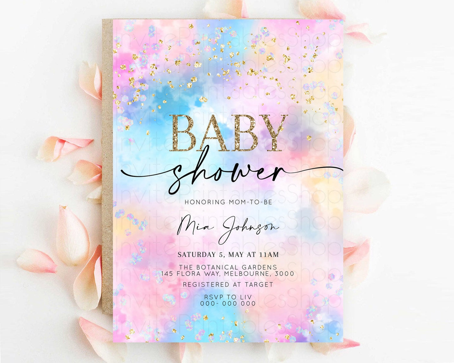 Pastel Baby Shower Invitation Rainbow Baby Shower Invitation Colorful Pastel Watercolor Invitation Gold Glitter Sprinkles Ombre D10607