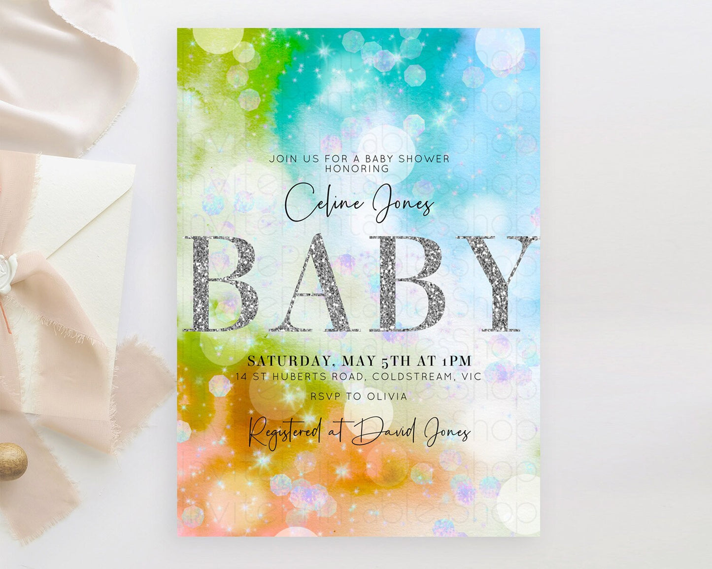 Colorful Baby Shower Invitation: Pastel Watercolor, Ombre Rainbow, Green, Orange, Blue, Silver Glitter, Iridescent Confetti Tie Dye D10692