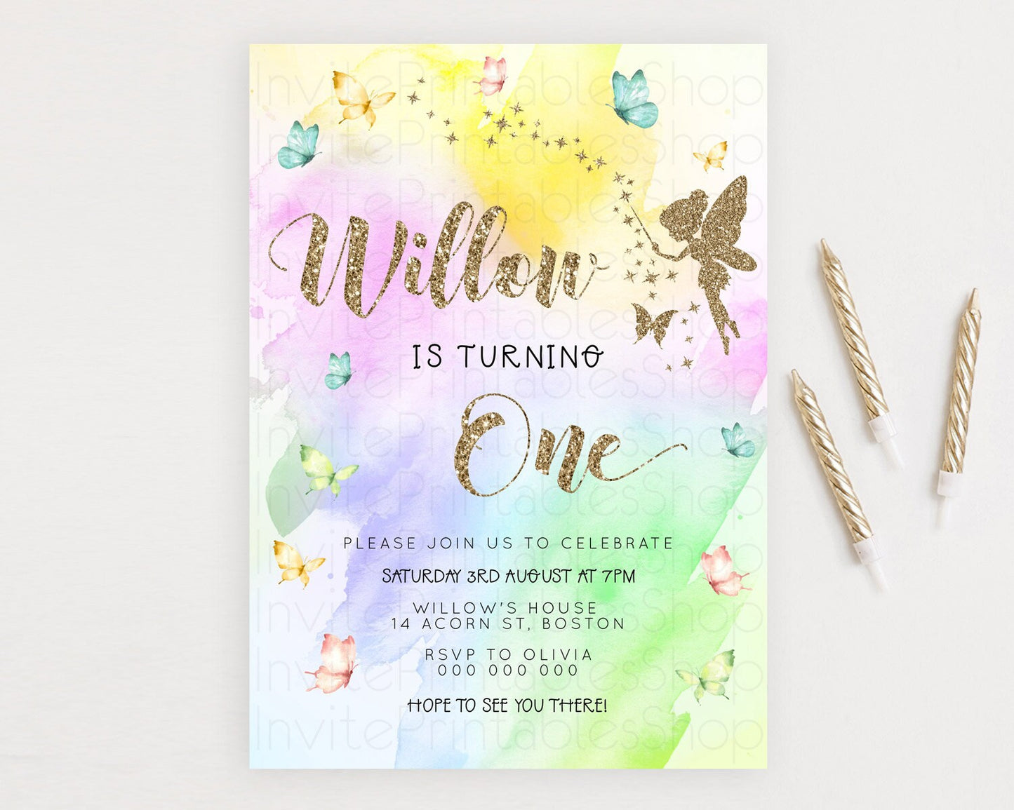 Pastel Fairy Birthday Invitation Pastel Butterflies Fairy Birthday Invitation Rainbow Ombre Watercolor 1st 2nd Birthday Invitation D23352