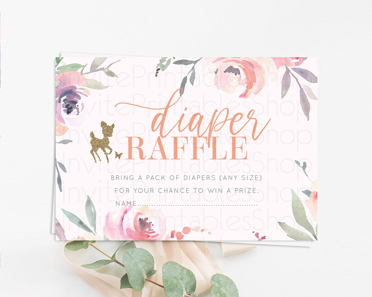 Fawn Diaper Raffle Card Deer Diaper Insert Floral Deer Diaper Ticket Enchanted Forest Butterfly Pastel Baby Shower Raffle Game D10196