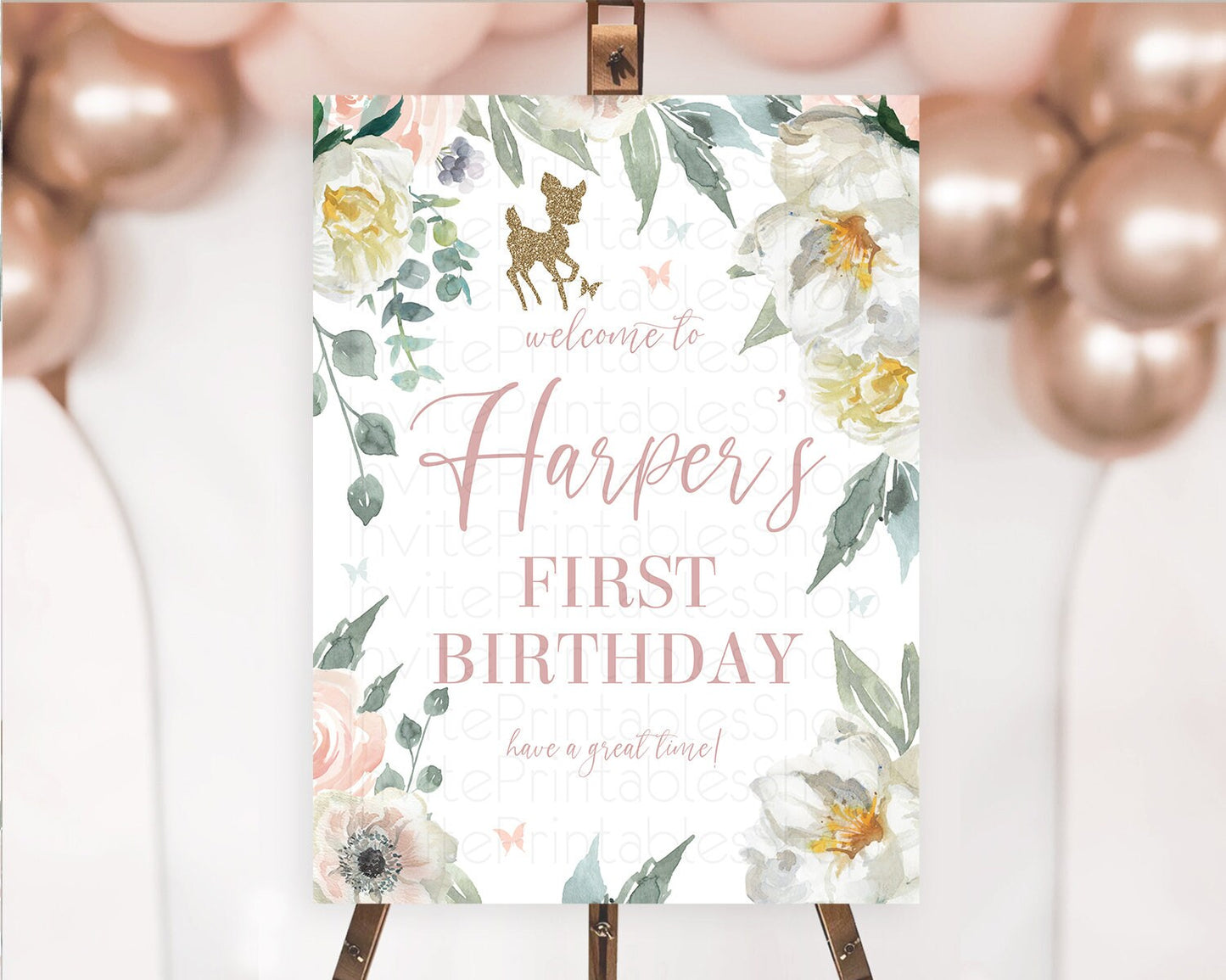 Fawn Welcome Sign Deer Welcome Board Floral Deer Welcome Poster Enchanted Forest Butterfly Pastel Floral First Birthday Welcome Sign D10120