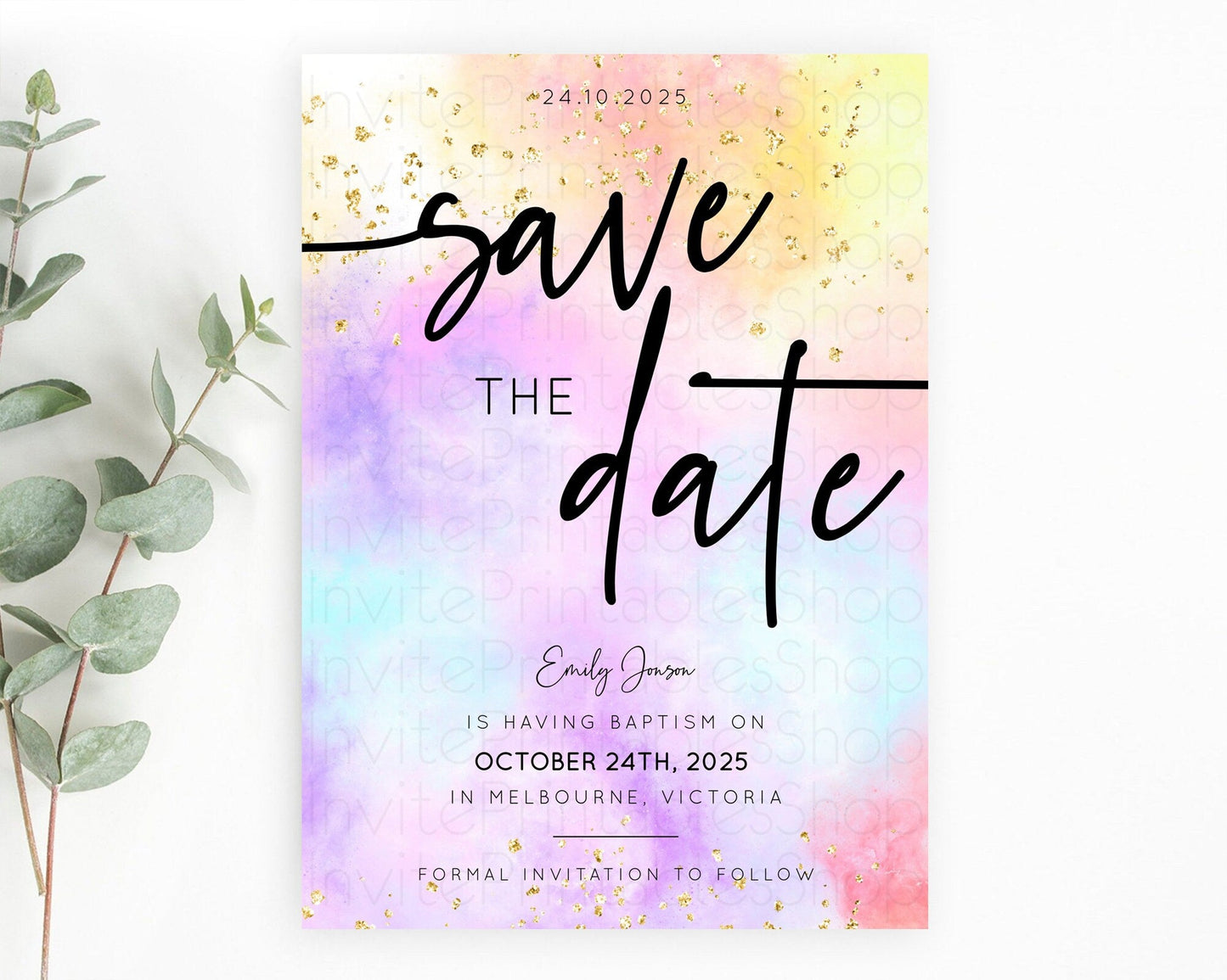 Pastel Save The Date Template Pastel Ombre Rainbow Watercolor Colorful Party For Birthday Baptism Baby Shower Wedding Bridal Shower D10437