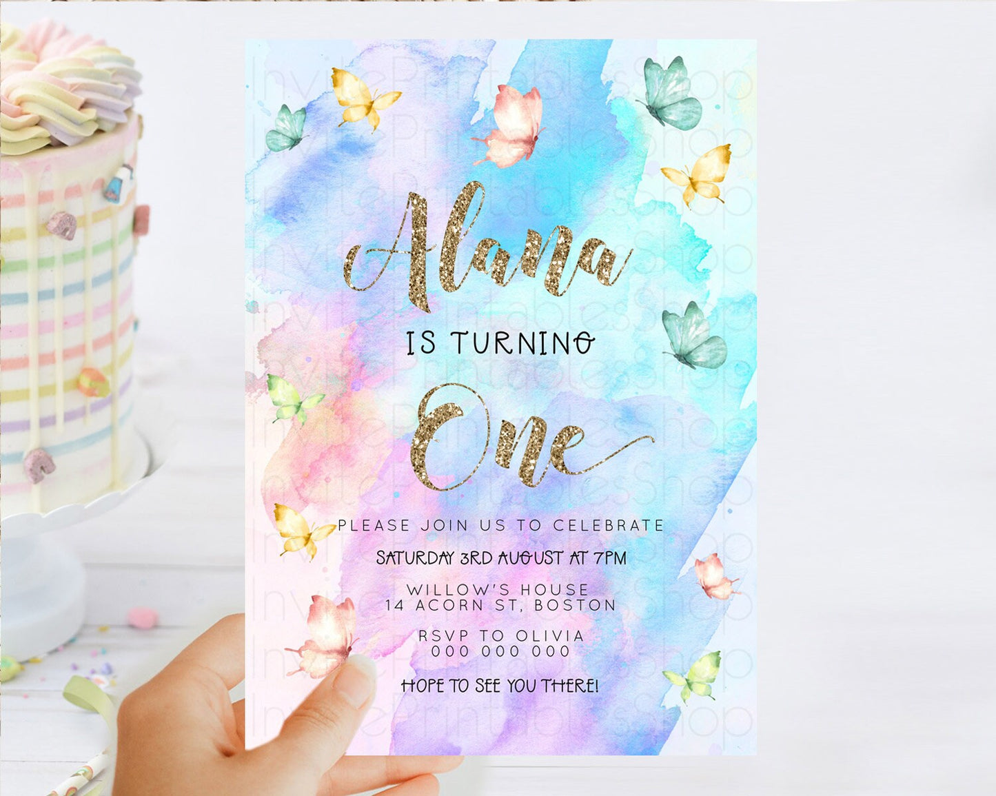 Pastel Butterfly Birthday Invitation Butterfly Birthday Invitation Colorful Splash Glitter Butterfly Garden 1st 2nd Birthday D23246