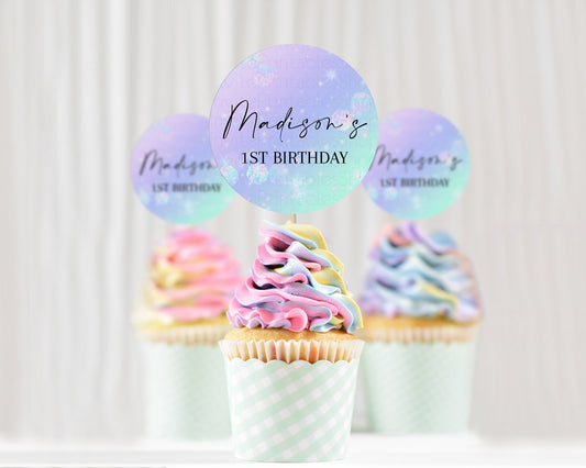 Editable Rainbow Cupcake Toppers Pastel Cupcake Toppers Iridescent Sprinkles