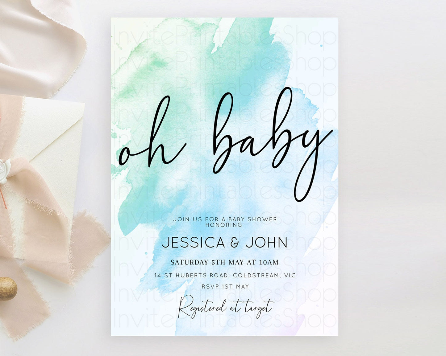 Blue Baby Shower Invitation Blue Watercolor Baby Shower Invitation Pastel Blue Watercolor Invitation Blue Splash Gold Invitation D10168