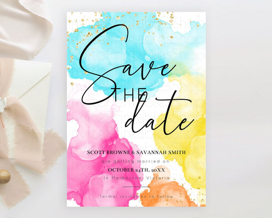Editable Pastel Save The Date Template Pastel Ombre Rainbow Watercolor Color