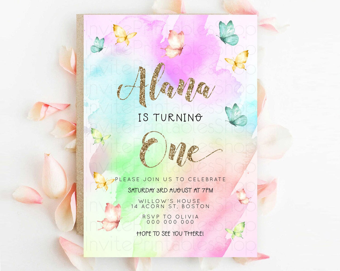 Pastel Butterfly Birthday Invitation Butterfly Birthday Invitation Colorful Splash Glitter Butterfly Garden 1st 2nd Birthday D23256