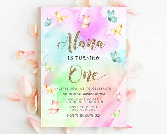 Pastel Butterfly Birthday Invitation Butterfly Birthday Invitation Colorful Splash Glitter Butterfly Garden 1st 2nd Birthday D23256