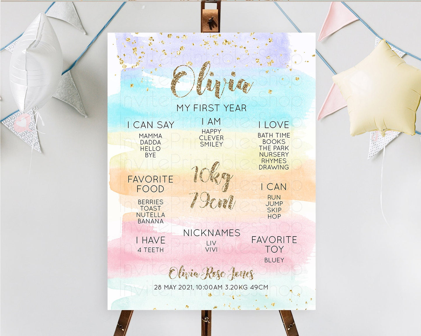 Pastel First Birthday Milestone Board Pastel Rainbow Milestone Poster Colorful Confetti Watercolor Glitter 1st Birthday Welcome Sign D10508