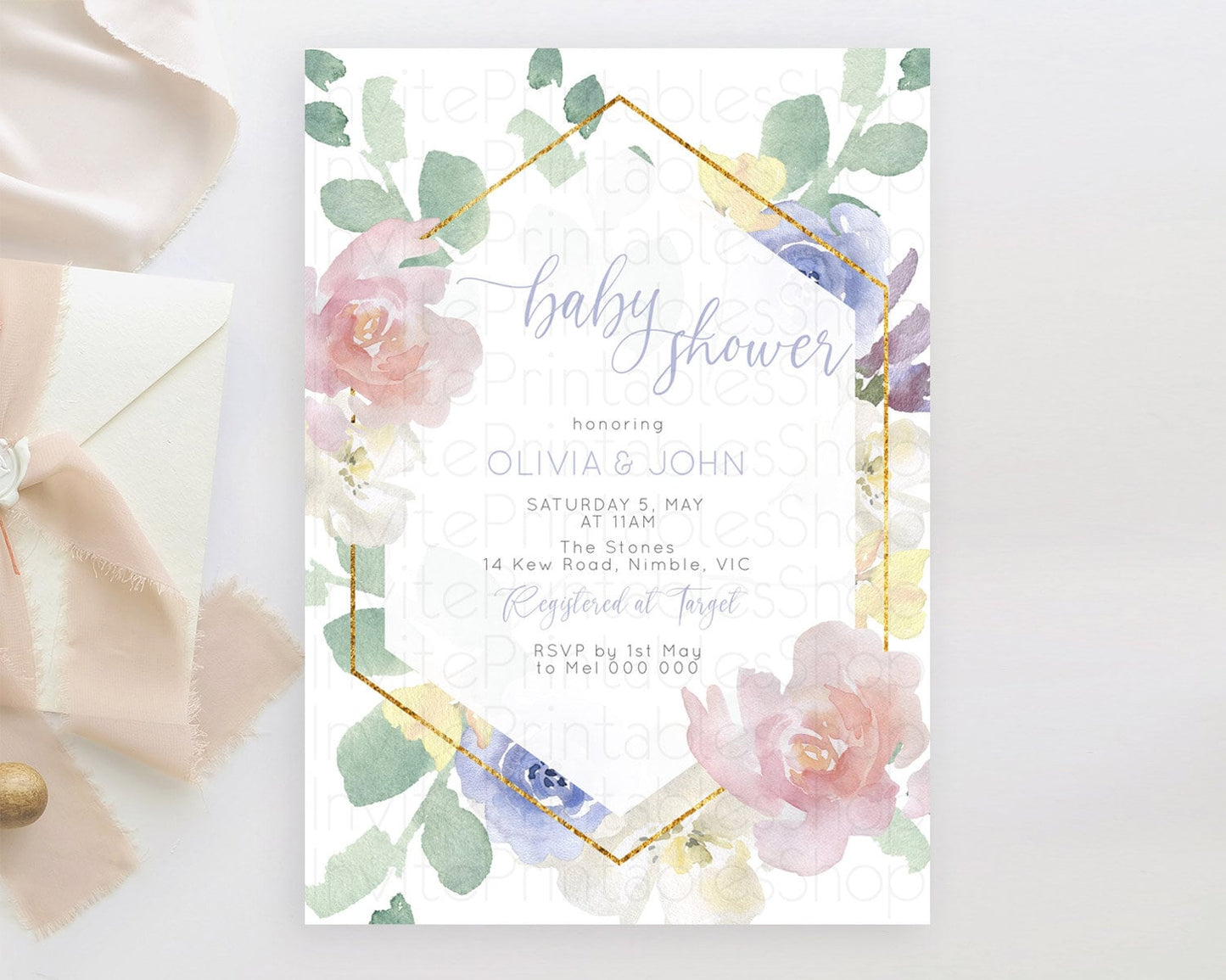 Wildflower Baby Shower Invitation, Secret Garden, Organic Pastel Colors, Flowers in Pink, Blue, Leafy Greens Floral Botanical Theme D10254