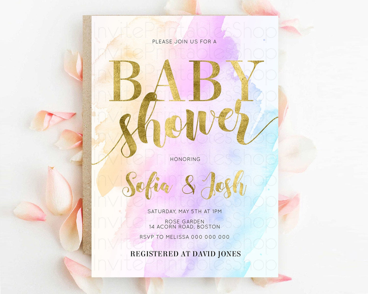 Pastel Baby Shower Invitation Rainbow Baby Shower Invitation Colorful Pastel Watercolor Invitation Gold Glitter Sprinkles Ombre D11027