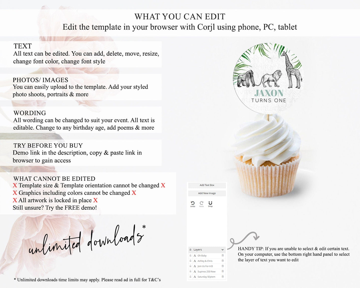 Safari Cupcake Toppers Lion Gorilla Elephant Rhino Tropical Palm Decor Jungle Safari Adventure Zoo Cupcake Topper First Birthday D10853