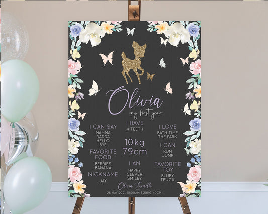 Fawn First Birthday Milestone Board Deer First Birthday Milestone Poster Enchanted Forest Butterfly Pastel Flowers 1st Birthday Sign D10323