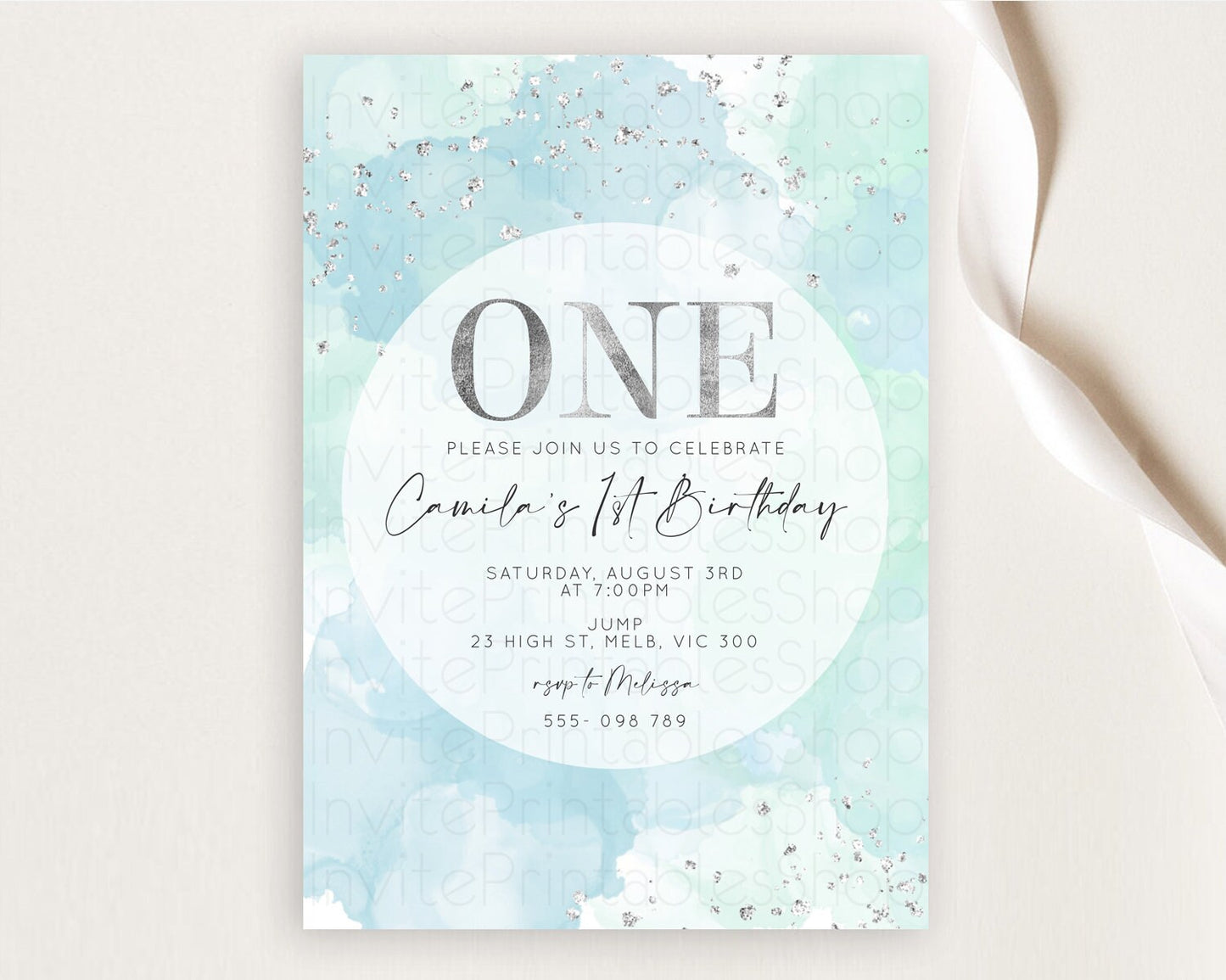 Rainbow Birthday Invitation Colorful Pastel Watercolor Silver Glitter Sprinkles Ombre Pastel Invitation 1st 2nd 3rd First Birthday D10630