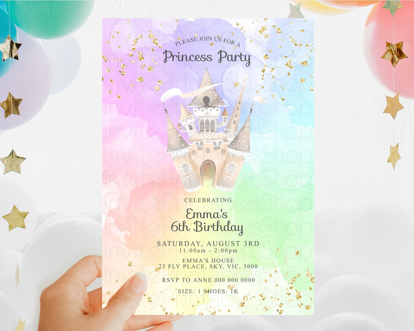 Princess Birthday Invitation Princess Invitation Pastel Invitation Royal Birthday Rainbow Color Enchanted Castle 1st First Birthday D10683