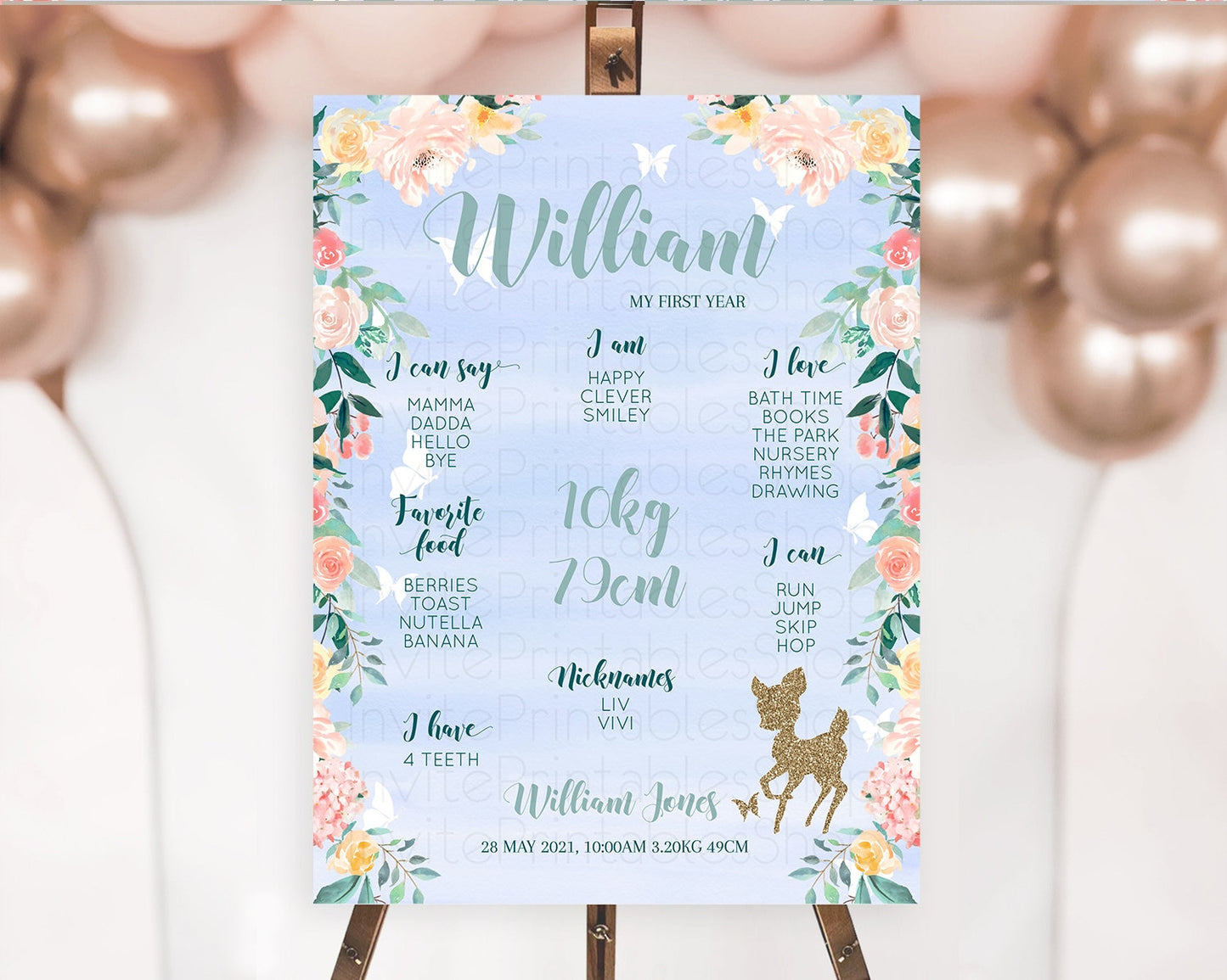 Fawn First Birthday Milestone Board Deer First Birthday Milestone Poster Enchanted Forest Butterfly Pastel Flowers 1st Birthday Sign D10875